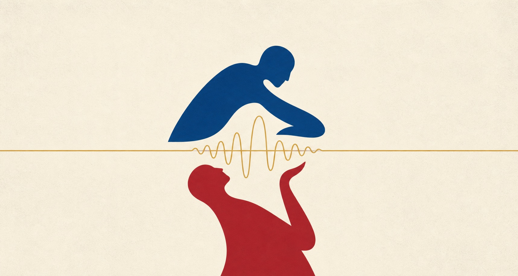 Illustration of two people leaning toward each other across a thin gold line, a soundwave passing between them