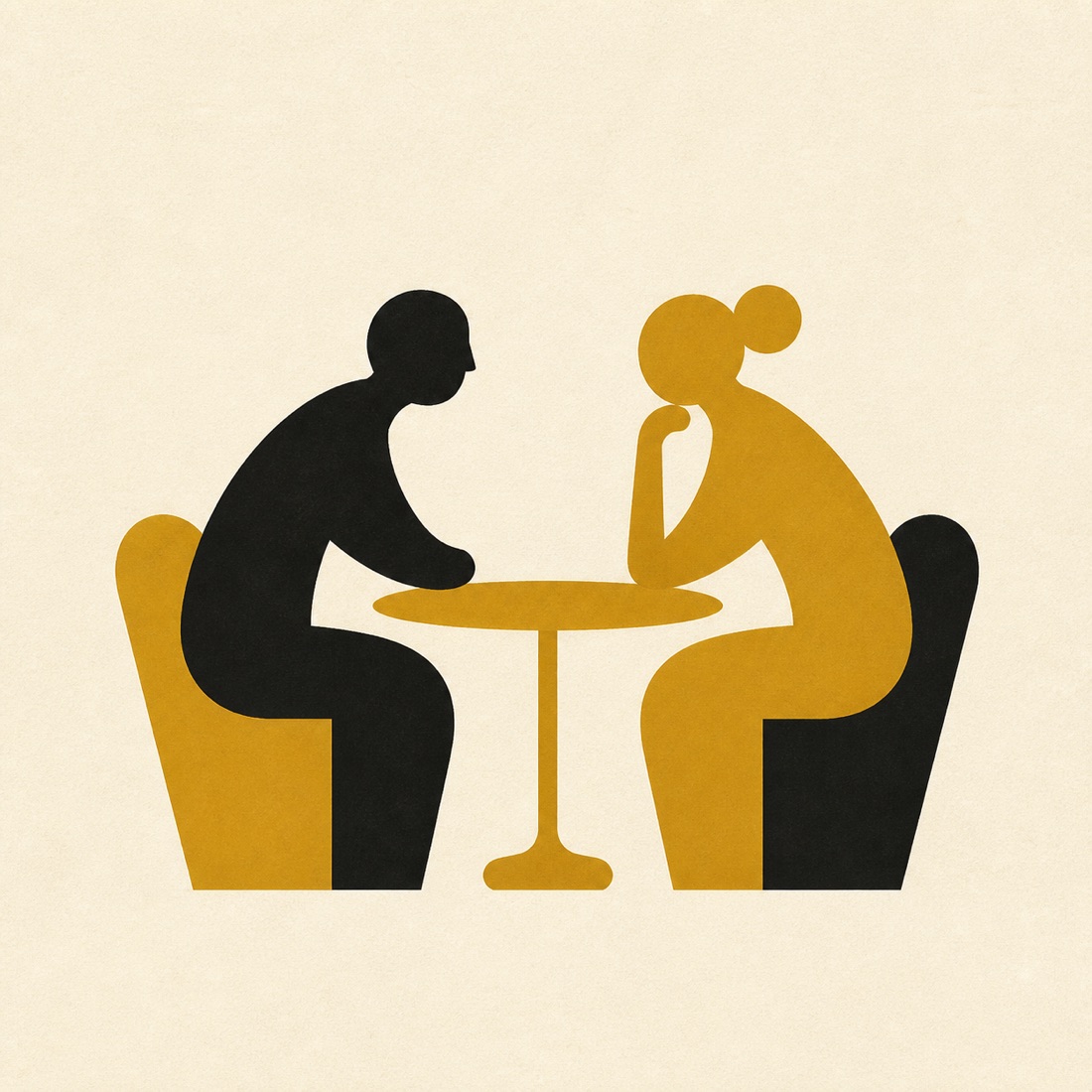 Illustration of two people sitting close in conversation at a small gold table